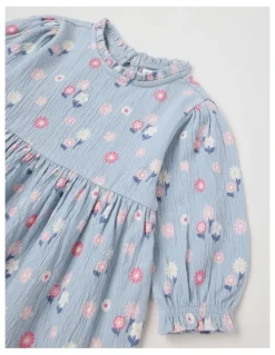Sprout Crinkle Knit Frill Neck Dress in Dusty Blue