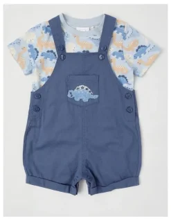 Sprout Dino Woven Overall Set in Mid Blues