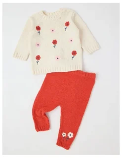 Sprout Flower Embroidered Chenille Top & Legging Set in Bone