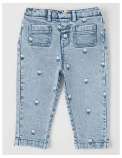 Sprout Flower Embroidery Denim Pants in Blue