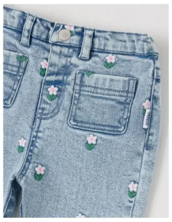 Sprout Flower Embroidery Denim Pants in Blue