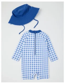 Sprout Gingham Dino Swimwear in Mid Blues