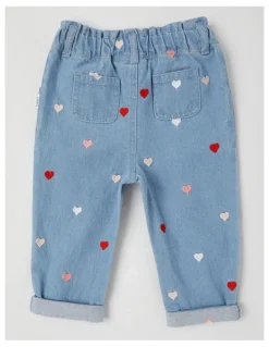 Sprout Heart Embroidered Denim Pants in Blue