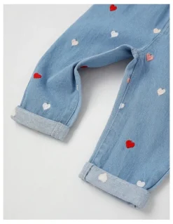 Sprout Heart Embroidered Denim Pants in Blue