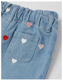 Sprout Heart Embroidered Denim Pants in Blue