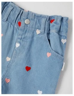 Sprout Heart Embroidered Denim Pants in Blue