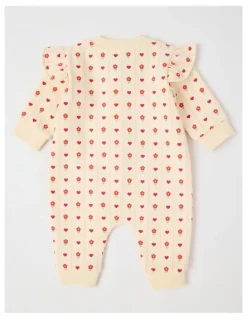 Sprout Heart & Flower Striped Fleece Coverall in Bone
