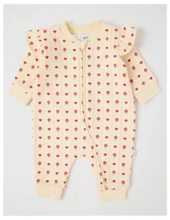 Sprout Heart & Flower Striped Fleece Coverall in Bone