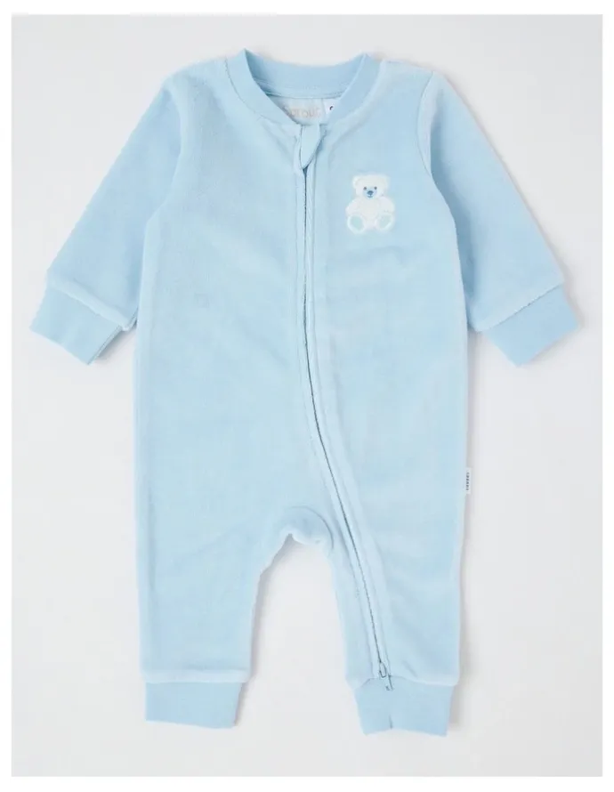 Sprout Newborn Teddy Bear Velour Coverall in Blues