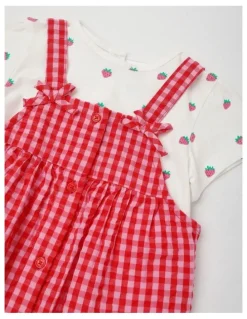 Sprout Strawberry Gingham Seersucker Set in Hot Pink
