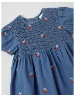 Sprout Strawberry Shirred Denim Dress in Dusty Blue