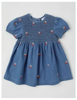 Sprout Strawberry Shirred Denim Dress in Dusty Blue
