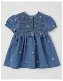 Sprout Strawberry Shirred Denim Dress in Dusty Blue