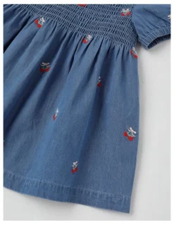 Sprout Strawberry Shirred Denim Dress in Dusty Blue