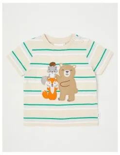 Sprout Stripe Forest Animal Applique T-Shirt in Bone