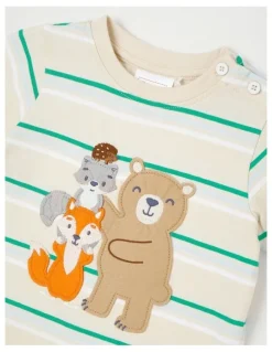 Sprout Stripe Forest Animal Applique T-Shirt in Bone