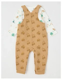 Sprout Tractor Quilted Overall Set in Tan