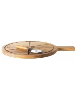 The Cooks Collective Pizza Serving Board with Cutter in Natural Wood