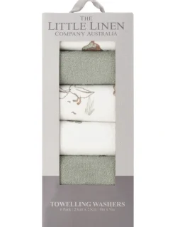 The Little Linen Company Farmyard Lamb Towelling Wash Cloth 6 Pack in Green