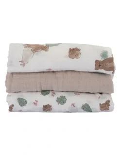 The Little Linen Company Muslin Wraps Pack of 3 in Bushland Bear