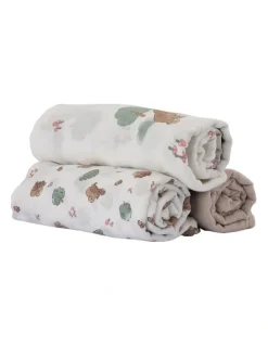 The Little Linen Company Muslin Wraps Pack of 3 in Bushland Bear