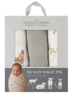 The Little Linen Company Muslin Wraps Pack of 3 in Farmyard Lamb