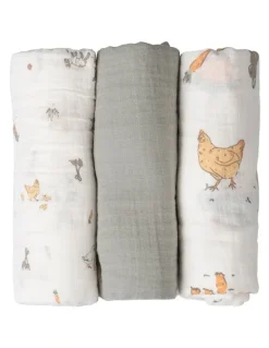 The Little Linen Company Muslin Wraps Pack of 3 in Farmyard Lamb