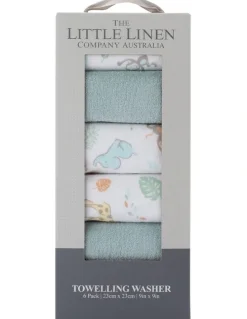 The Little Linen Company Savannah Giraffe Towelling Wash Cloth 6Pack in Blue