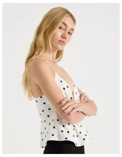 There After Drawstring Cami in White/Black Polka Dot