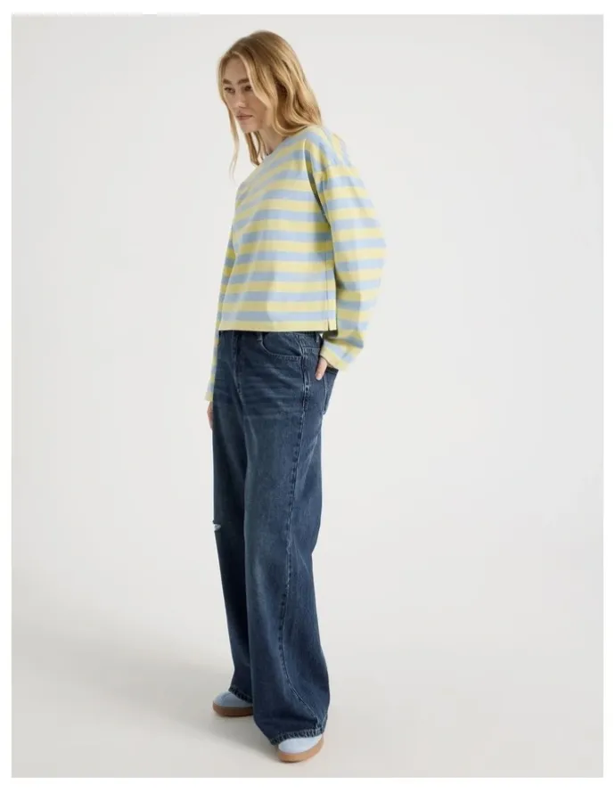 There After Long Sleeve Tee in Sky Blue and Pale Yellow Stripe
