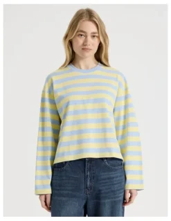 There After Long Sleeve Tee in Sky Blue and Pale Yellow Stripe