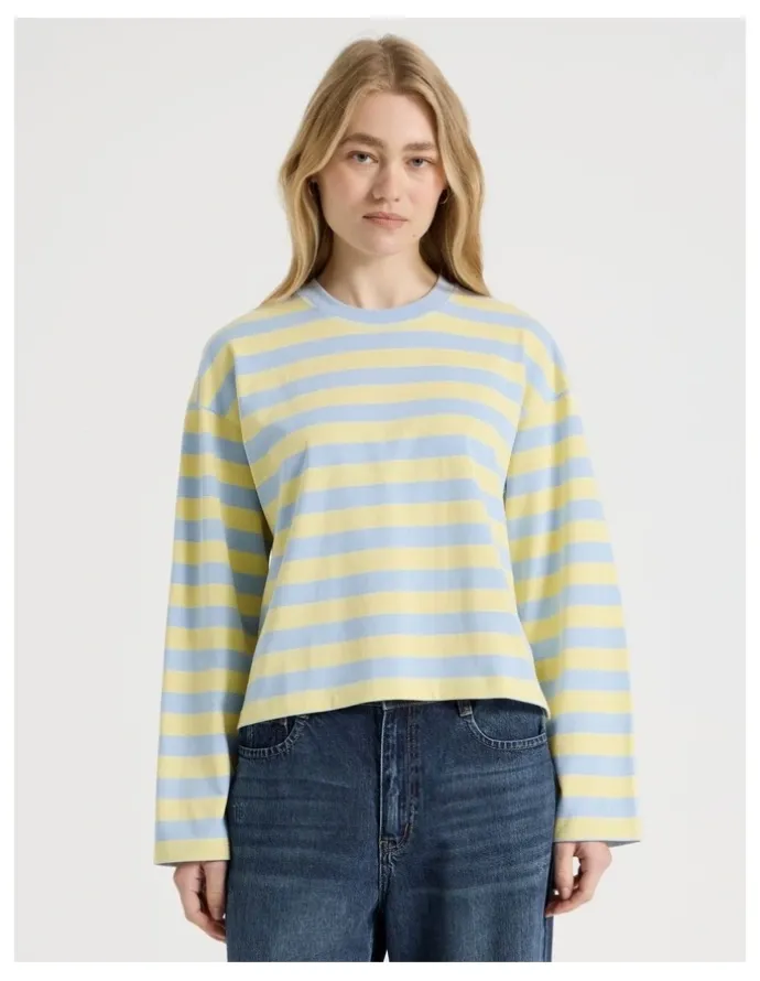 There After Long Sleeve Tee in Sky Blue and Pale Yellow Stripe