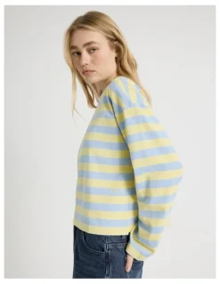 There After Long Sleeve Tee in Sky Blue and Pale Yellow Stripe