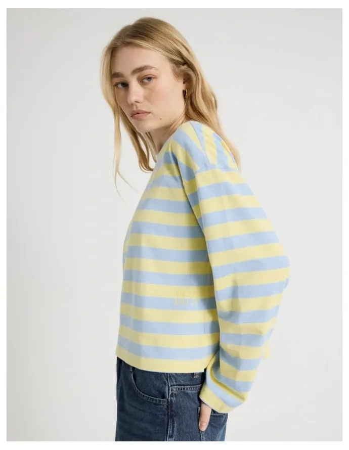 There After Long Sleeve Tee in Sky Blue and Pale Yellow Stripe