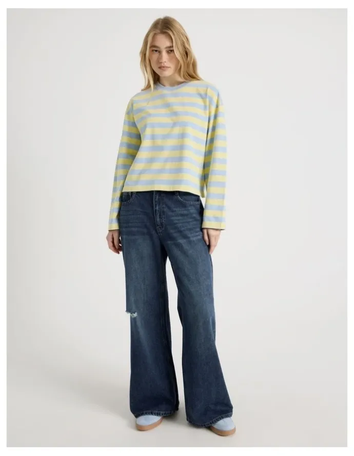 There After Long Sleeve Tee in Sky Blue and Pale Yellow Stripe
