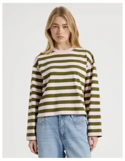 There After Long Sleeve Tee in Potpourri Pink and Moss Stripe