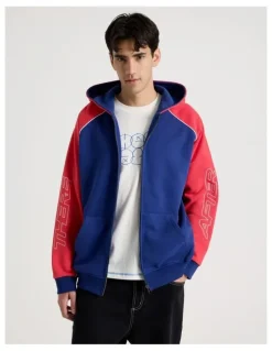 There After Oversized Sports Panel Hooded Sweat in Blue and Red