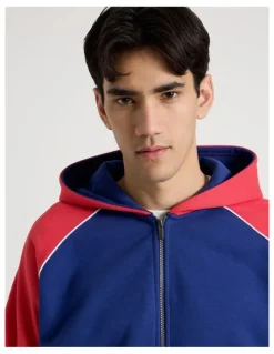 There After Oversized Sports Panel Hooded Sweat in Blue and Red
