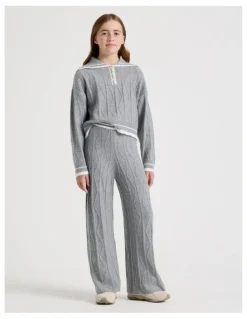 Tilii Cable Knit Wide Leg Pants in Grey Marle