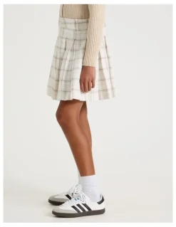 Tilii Check Pleated Skirt in Ecru