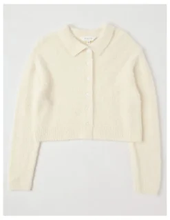 Tilii Fluffy Button Down Cardigan in Ecru