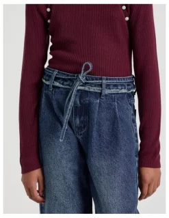 Tilii High Rise Pleated Wide Leg Jeans in Dark Blue Denim
