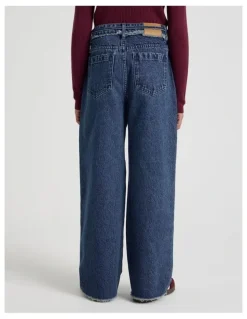 Tilii High Rise Pleated Wide Leg Jeans in Dark Blue Denim