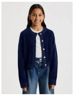 Tilii Knitted Fluffy Cardigan in Navy