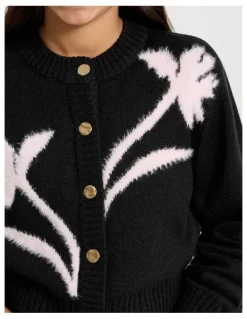Tilii Knitted Fluffy Cardigan with Flower Detail in Black