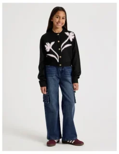 Tilii Knitted Fluffy Cardigan with Flower Detail in Black