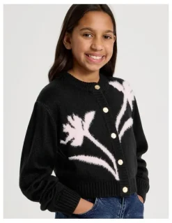 Tilii Knitted Fluffy Cardigan with Flower Detail in Black