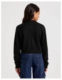 Tilii Knitted Fluffy Cardigan with Flower Detail in Black