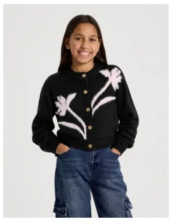 Tilii Knitted Fluffy Cardigan with Flower Detail in Black