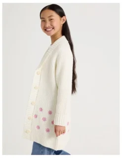 Tilii Longline Cardigan with Fur Collar in White